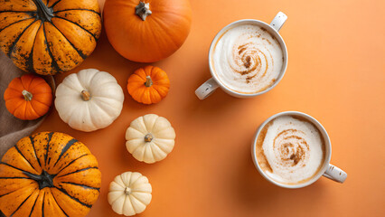 Top view of pumpkins and pumpkin spice lattes on orange background with copy space