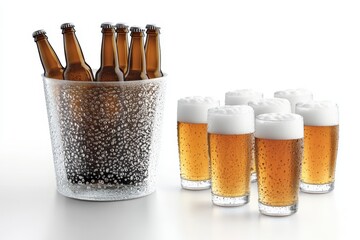 Chilled beer bottles in ice bucket with frothy beer glasses on white background