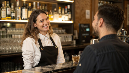 A friendly. smiling female bartender converses with a customer behind the bar counter