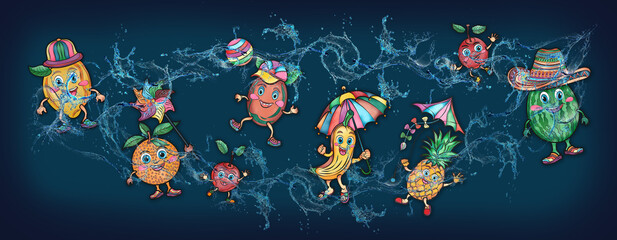 Cartoon cute fruits in water, banner, poster watermelon, cherry, grapes, orange lemon