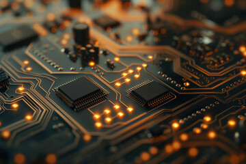 Closeup of printed circuit board components technology macro shot industrial neon glow