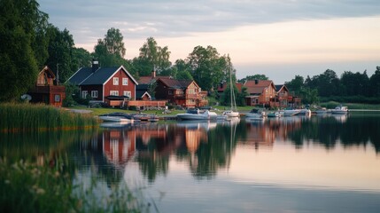 Obraz premium Charming Scandinavian village with wooden houses by the serene lake at sunset. Generative AI