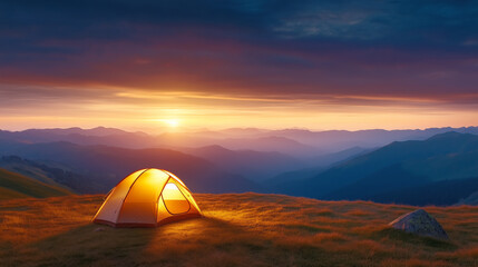 Sunset view from a tent on a mountain campsite during a clear evening in a tranquil landscape