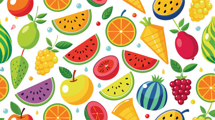 Colorful Summer Seamless Pattern Vector – Juicy Fruits, Tropical Vibes & Repeating Design on White Background, Fruity Summer Seamless Vector  
