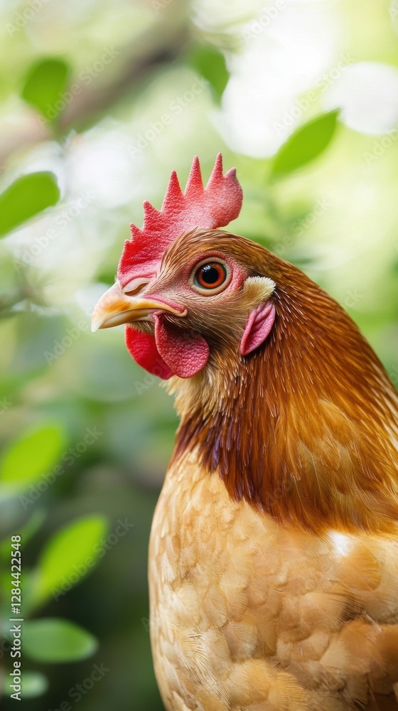Poster close up of a vibrant chicken with a striking comb in a lush garden setting during sunny daylight ho