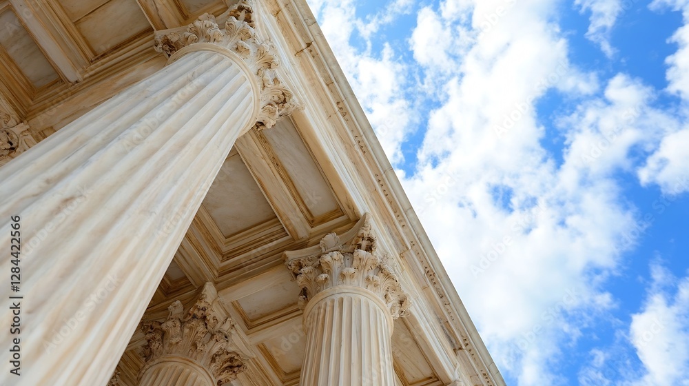 Poster Majestic photo capturing classical architecture featuring tall columns against a blue sky backdrop : Generative AI