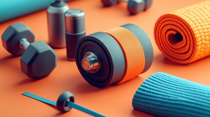 Colorful Fitness Equipment Display on Orange Background