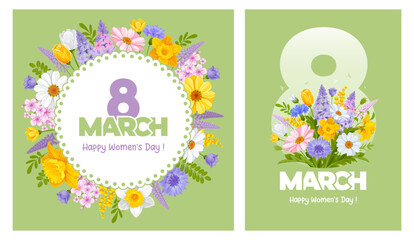 Happy International Women's day 8 March. Banner or greeting card templates set with number eight and a lot of colorful spring garden flowers and wildflowers. Cartoon Vector illustration