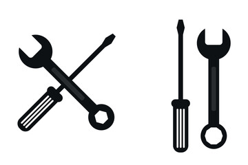 Set of repair tools icon including screwdriver and wrench, crossed in a simple design, illustrating mechanical work and toolkits