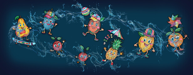 Cartoon cute fruits in water, banner, poster, lemon, cherry, grape, banana, kiwi
