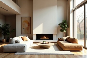 Fototapeta premium Modern Living Room with Cozy Fireplace and Sunlight Streaming Through Large Window