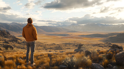 Fototapeta premium Man Contemplating the Vastness of the Patagonian Desert