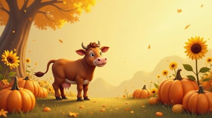 A cheerful brown cow stands in an autumnal field, surrounded by pumpkins and sunflowers, enjoying a picturesque sunset