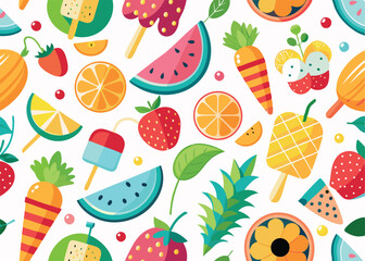 Colorful Summer Seamless Pattern Vector – Juicy Fruits, Tropical Vibes & Repeating Design on White Background, Fruity Summer Seamless Vector  