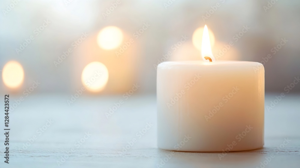 Aufkleber Closeup of a glowing white candle with soft bokeh lights in the background creating a warm ambiance : Generative AI