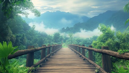 Wooden Bridge Leading to Misty Mountain Landscape