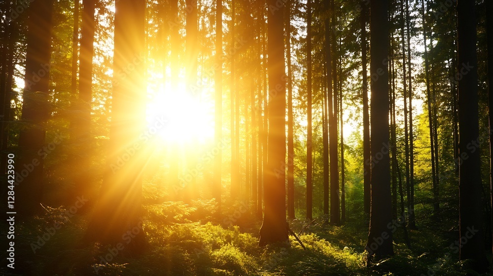 Poster golden sunlight piercing through lush green trees in a serene forest setting : generative ai