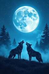 Serene Night Two Wolves Howl Under a Mystical Full Moon in a Foggy Forest
