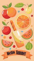 Hello Summer Banner Vector Art – Peach Background with Watermelon, Cherries, Orange Slice & Popsicle for Seasonal Designs. Fruity Summer Banner Graphic – Vibrant Peach Backdrop, Juicy Fruits .