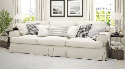 Fototapeta premium Cozy White Sofa with Decorative Pillows in a Bright Modern Living Room