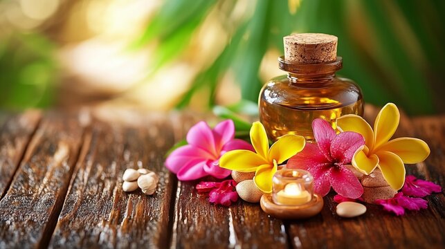Close-up of essential oil bottle, frangipani flowers and candle creating relaxing spa atmosphere