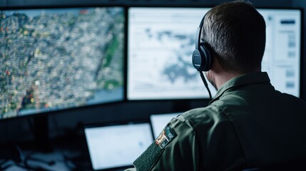 Examination concept. Military personnel monitoring data on multiple screens.