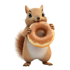 A Mischievous 3D Cartoon Squirrel Holding a Large Donut Isolated on Transparent Background