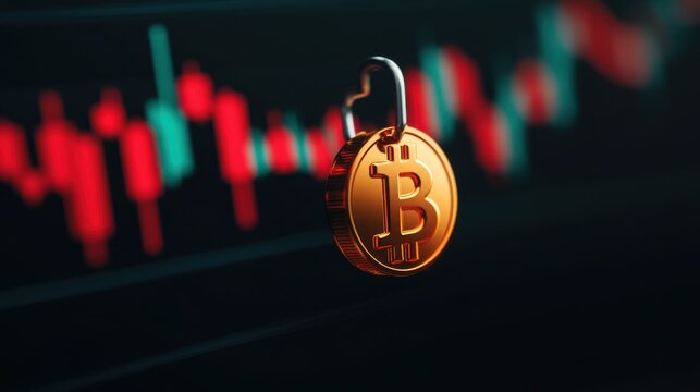 Examination concept. Bitcoin symbol with a padlock against a trading chart backdrop.