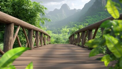 Obraz premium Tranquil Wooden Bridge Leading to Misty Mountains in Lush Tropical Forest