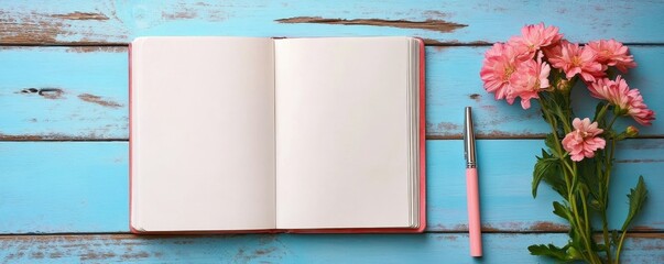 Obraz premium Open notebook with pink flowers and pen on rustic blue wooden table for creative writing