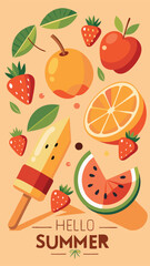 Hello Summer Banner Vector Art – Peach Background with Watermelon, Cherries, Orange Slice & Popsicle for Seasonal Designs. Fruity Summer Banner Graphic – Vibrant Peach Backdrop, Juicy Fruits .