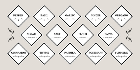 A set of stickers for storing spices. square modern kitchen stickers. sugar, salt, coffee, basil, pepper, cinnamon