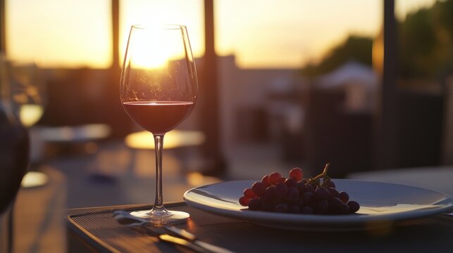 Moderate drinking with a glass of wine at a sunset dinner on a terrace. Featuring tranquility and elegance