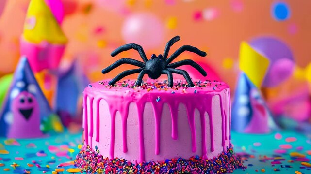 Festive birthday cake adorned with vibrant colors and a playful spider decoration at a party celebration April Fools Day