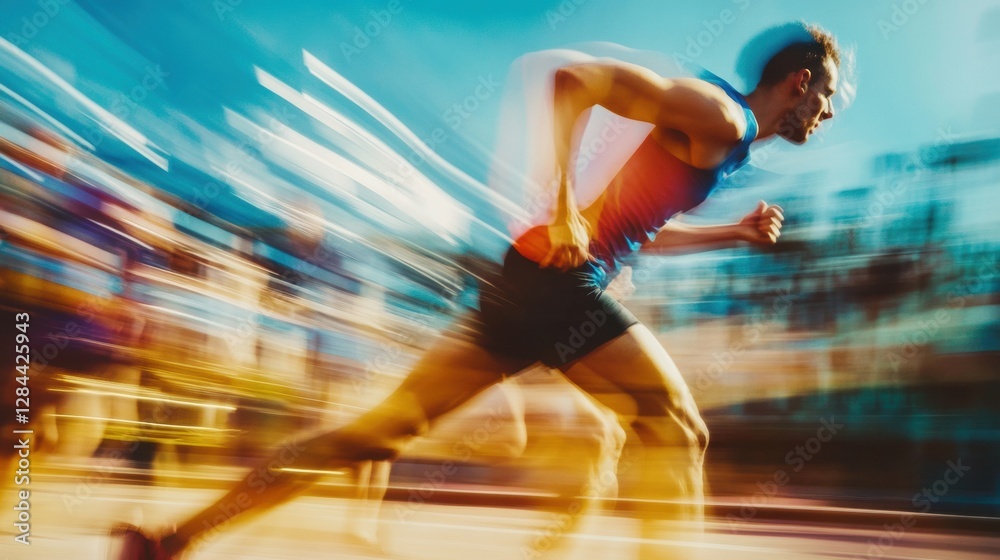 Poster runner transforms from tired novice at start line to strong champion in blurred motion after a compe