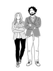 Team work business concept illustration. Business couple, Man and woman standing together. Modern vector simple outline drawing for graphic and web design. Vector Isolated