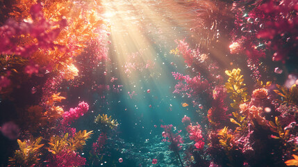 Underwater scene with colorful aquatic plants swaying in the light, bubbles floating through the water, symbolizing the vibrant and peaceful beauty of ocean ecosystems