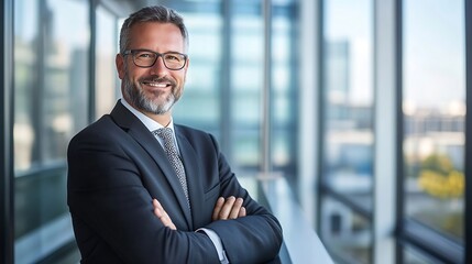 Confident Businessman Smiling in an Office Setting with Modern Glass Architecture : Generative AI