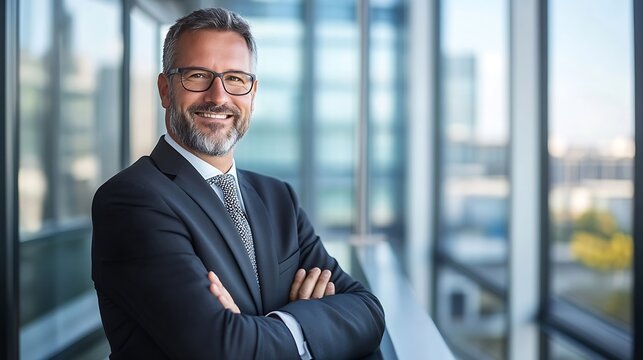 Confident Businessman Smiling in an Office Setting with Modern Glass Architecture : Generative AI