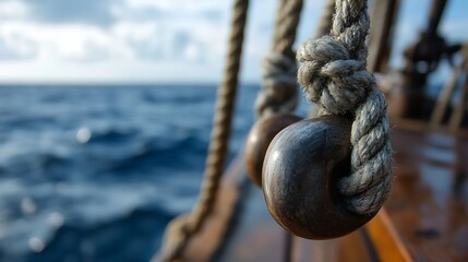 Closeup of wooden sailing ship rigging showcasing maritime craftsmanship and adventure spirit : Generative AI