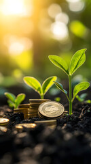 A stack of coins growing with money and a plant on the ground
