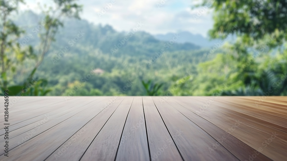 Poster a serene wooden deck overlooking a lush green valley creating a perfect peaceful setting for relaxat