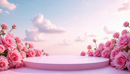 Pink product display podium floral background with garden rose flowers in natural sky fluffy clouds scene.. Beauty cosmetic romantic gift stand. Valentine, Easter, Mother's day, Women's day backdrop