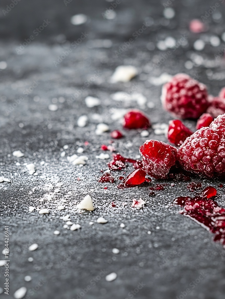 Poster closeup of fresh raspberries and vibrant red fruits scattered on dark background garnished with suga