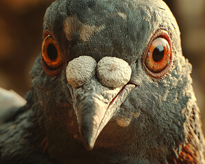 Close-up of a pigeon with sharp eyes and detailed feather textures, showcasing the intricate features of its face and symbolizing urban wildlife and bird anatomy