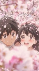 Fototapeta premium Anime children under cherry blossoms. Possible use Stock photo