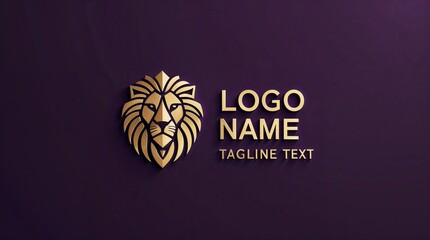 a gold lion head logo on a dark purple background with the placeholder text "LOGO NAME" and "TAGLINE TEXT" beside it, highlighting a professional and elegant design.