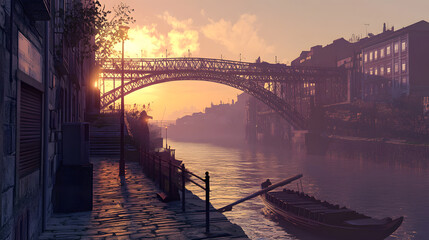 Fototapeta premium Panoramic View of Oporto Bridges at Sunset in Portugal