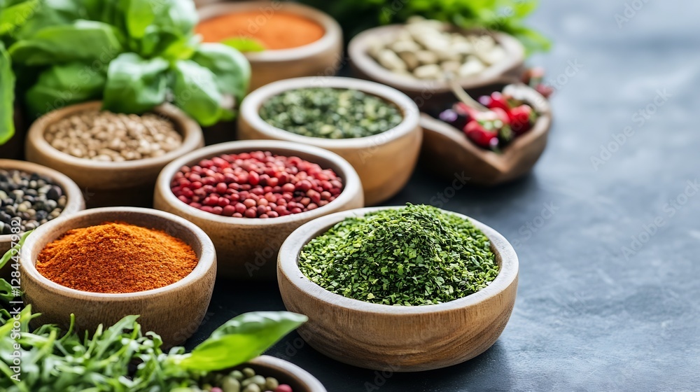 Poster aromatic and colorful spices displayed in bowls ready for culinary creations and recipes : generativ