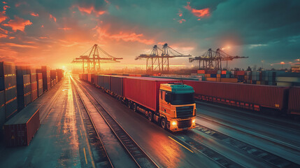 Global business of Container Cargo freight train for Business logistics concept, Air cargo trucking, Rail transportation and maritime shipping, Online goods orders worldwide. Container truck in ship